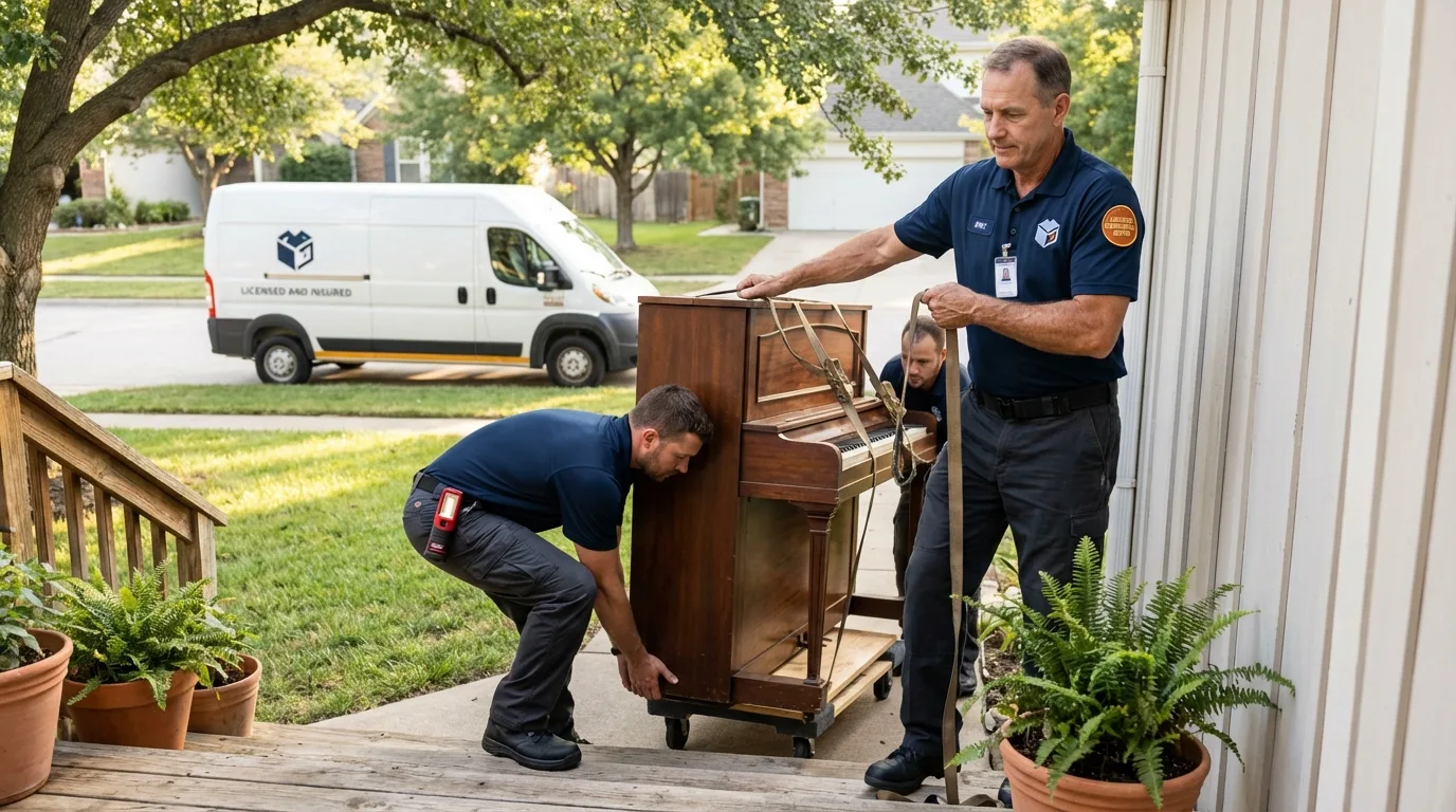 Licensed piano movers securing grand piano in Lynchburg, TN
