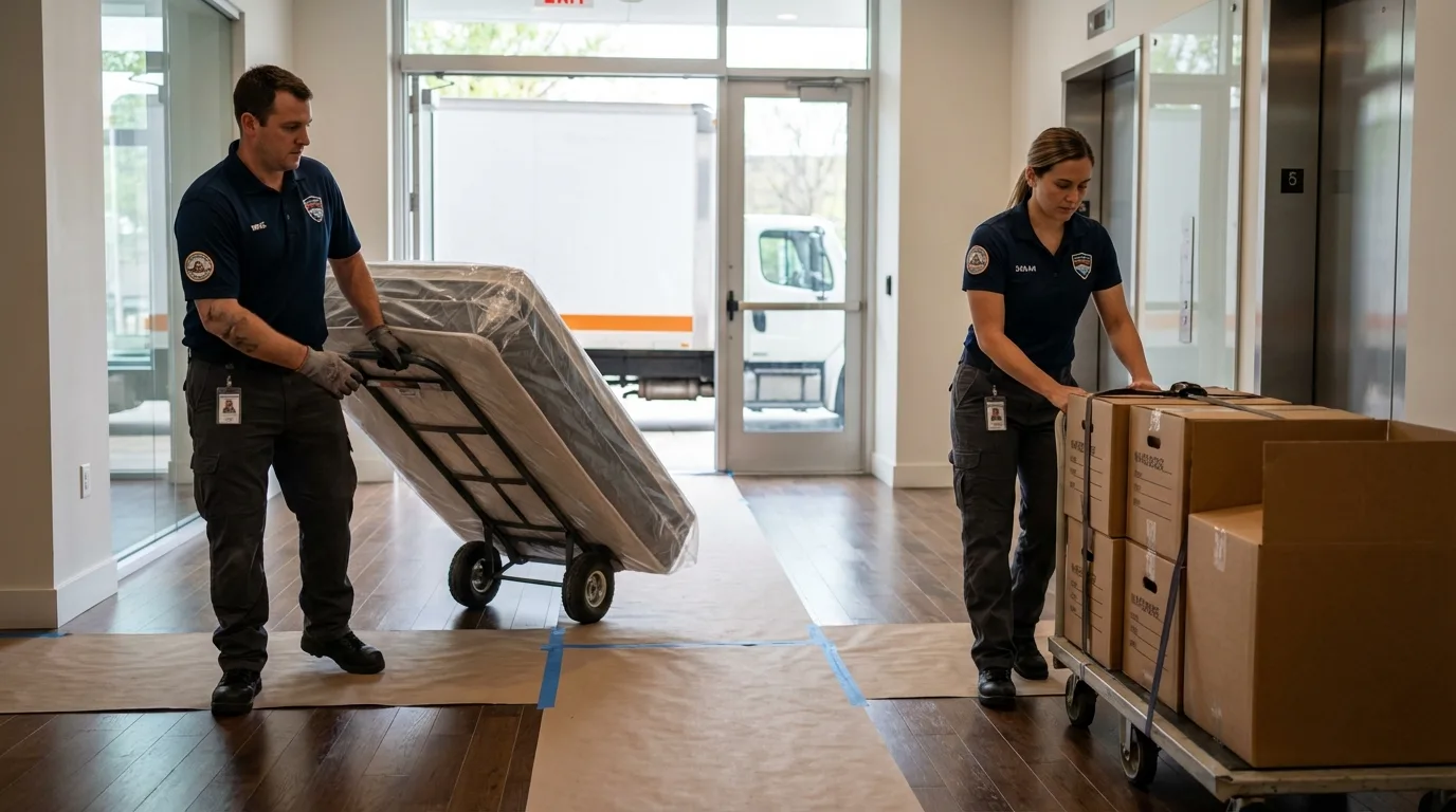 Professional apartment movers loading elevator in Lynchburg, TN
