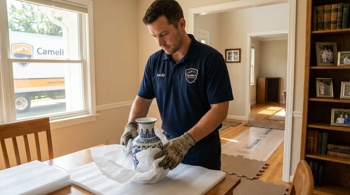 Professional crew carefully wrapping antique vase for senior downsizing move in Lynchburg, TN